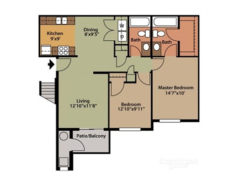 Floor plan for 2 beds, 2 baths, 958 sqft